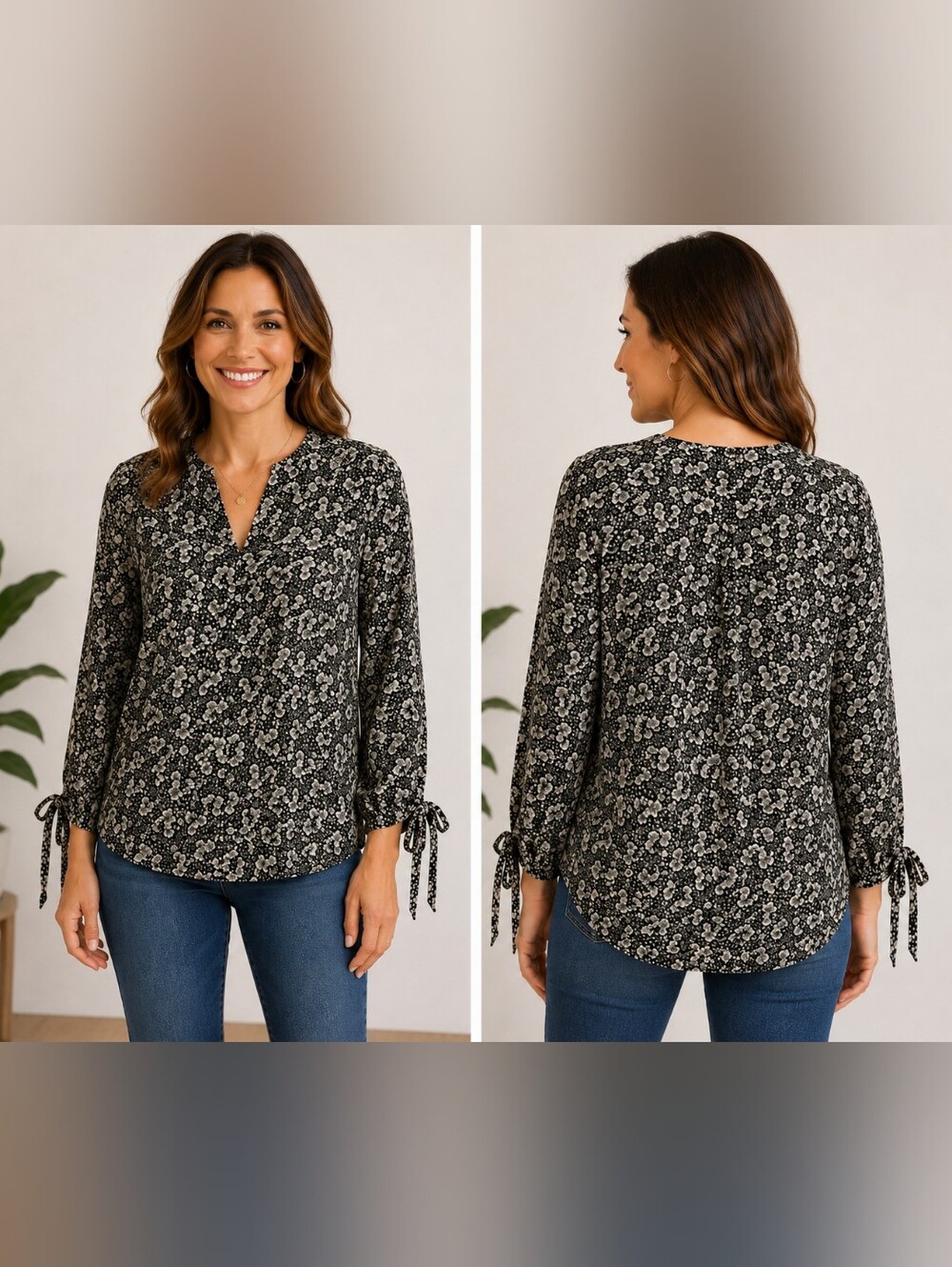 Jones New York Jones & Company Women's 1X Floral Blouse 3/4 Sleeve Cuff Rayon
